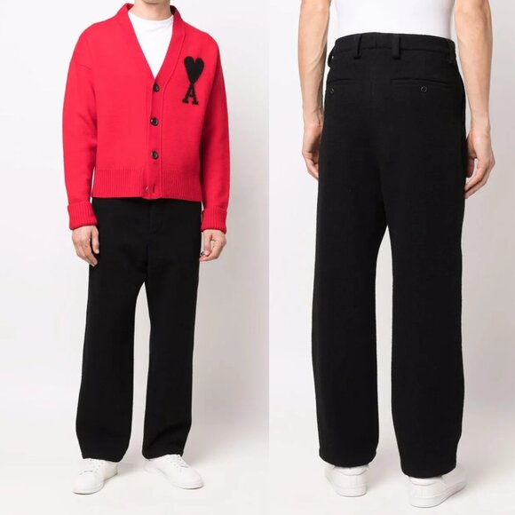 Ami Paris Straight Fit Wool Trousers in Black 28 - Picture 1 of 8